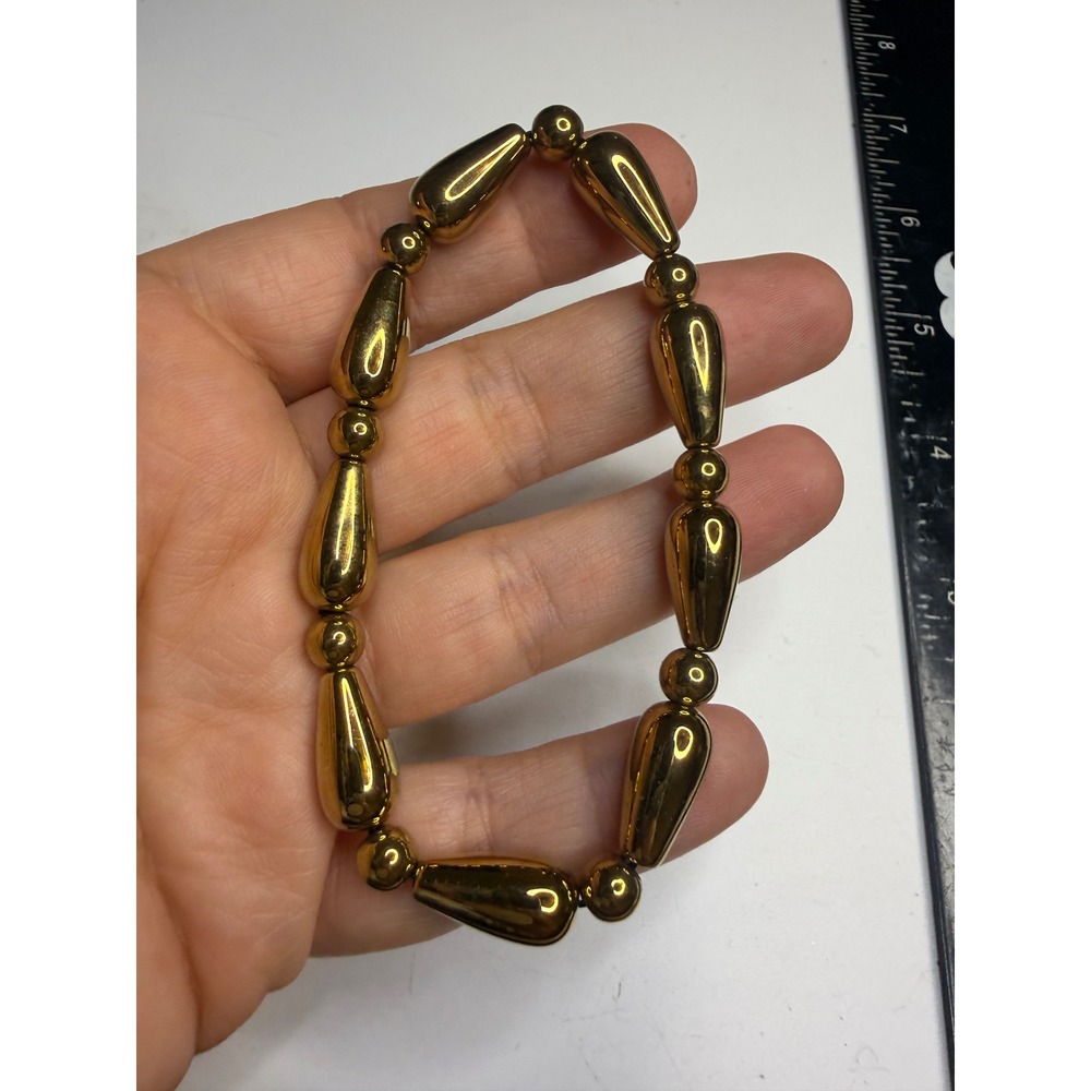 Gold Tone Teardrop Bead Stretch Bracelet High Polish Metallic Minimalist